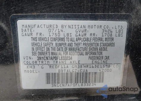 2015 Nissan Versa 1.6 Sl z USA, uszkodzony, nr VIN 3N1CN7AP0FL833234